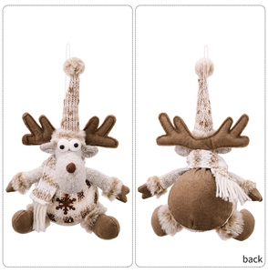 Front and back detail of a knitted Christmas reindeer plush ornament with snowflake motif