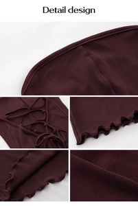 Detail design showing burgundy ribbed knit fabric with lace-up back and lettuce trim edges