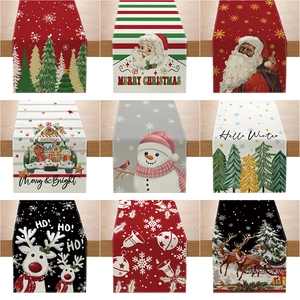 Christmas Table Runner Polyester Linen Texture Santa Reindeer Snowman Print Dining Room Holiday Festive Decoration