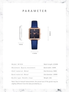 Detailed view of square starry sky watch with dimensions and rose gold rhinestone bezel