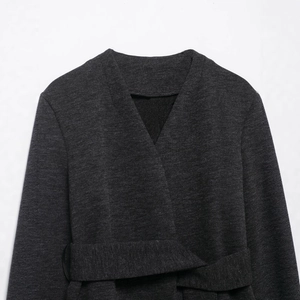 Women's dark grey soft knit cardigan coat with V-neck and matching belt tie