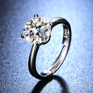 Macro view of S925 sterling silver six-prong ring with a brilliant round cut gemstone