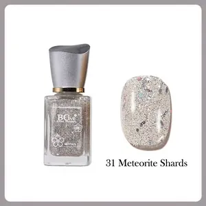 Detail of silver holographic glitter nail polish bottle and painted nail swatch 31
