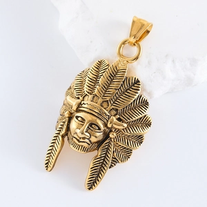 Detailed view of golden Indian chief pendant with intricate metal relief and feathers