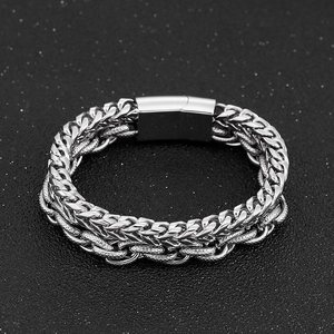 Close-up of men's silver double-layer stainless steel keel chain with magnetic clasp