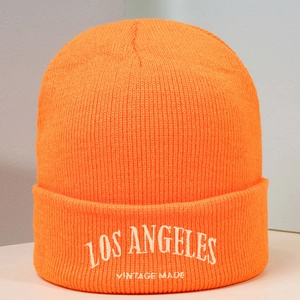 Bonnet en tricot orange avec broderie blanche LOS ANGELES, chapeau d'hiver vintage décontracté