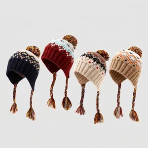 Kids Winter Knit Earflap Hat Warm Beanie With Pom Pom And Braid Tassels Fair Isle Ethnic Style Outdoor