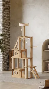 Detail view of large multi-level wooden cat tree with a clear space capsule and sisal posts