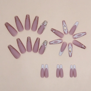 French style long trapezoid press-on nails with 3D white flowers and silver glitter sparkles