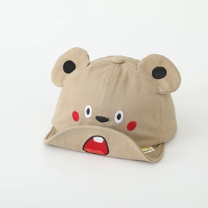 Detail of khaki baby baseball cap featuring funny animal ears and embroidered cute expression