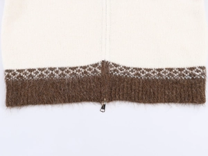 Close-up of jacquard knit cardigan featuring two-way silver zipper and diamond pattern