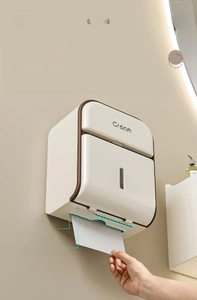 Wall-mounted cream toilet paper box with dual paper outlets and transparent window detail
