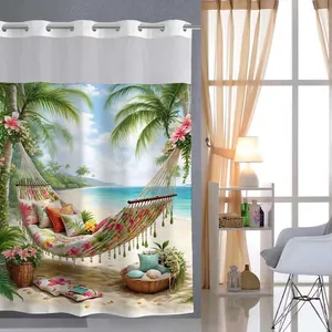 3D tropical beach scene shower curtain with palm trees and metal grommets for bathroom