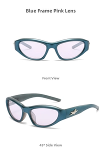 Detail view of Y2K sunglasses with blue frame, pink lenses and silver star accents