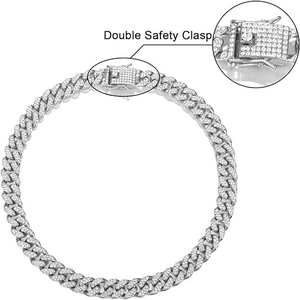 12mm silver Cuban link necklace with rhinestones and double safety clasp feature