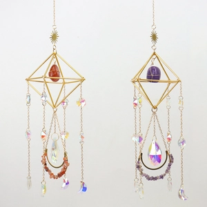 Boho Geometric Crystal Suncatcher Hanging Decor With Natural Stone Prism Rainbow Maker Gold Metal Alloy Window Home
