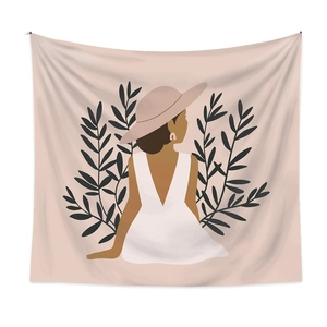 Detail of minimalist tapestry featuring woman in straw hat and floral illustration