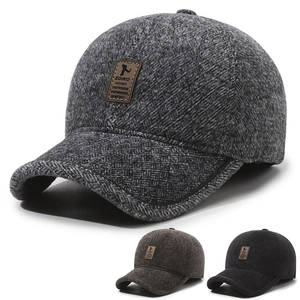 Men Winter Baseball Cap With Earflaps Wool Blend Warm Windproof Herringbone Adjustable Thickened Peaked Hat