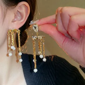 Boucles D'oreilles En Alliage Fleur Strass Et Gland Avec 925 Sterling Silver Earring Post Élégante Goutte D'eau Longue Pendante