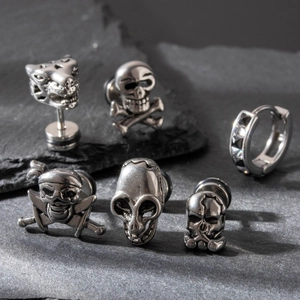 Boucles D'oreilles Clous Crâne Pour Hommes Acier Inoxydable Gothique Rock Pirate Tête De Guépard Rétro Hip Hop Bijoux