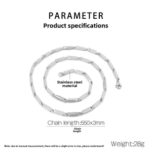 Détails de la chaîne en acier de 3mm affichant 550mm de long et 28g de poids