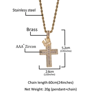 Gold crown cross pendant necklace for men with AAA+ zircon stones on 60cm stainless steel chain