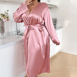 Women's pink satin bathrobe set featuring a V-neck and waist tie in a silk-like finish
