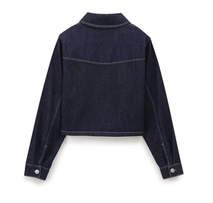 Back view of a minimalist slim-fit dark blue denim jacket with long sleeves for women