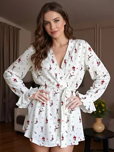 Detail of white V-neck cherry print bathrobe with rabbit pattern and ruffled cuffs