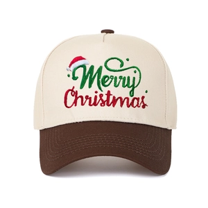 Five-panel Christmas baseball cap featuring Merry Christmas embroidery in beige and brown