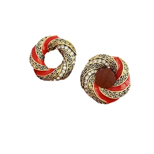 Vintage red and gold enamel earrings with Greek key pattern and rhinestone accents