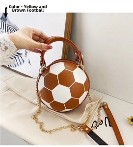 Detail of the unique football shaped handbag featuring yellow and white leather texture