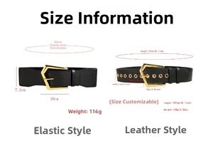 Detailed size guide for elastic and leather wide waist belts with gold square buckles