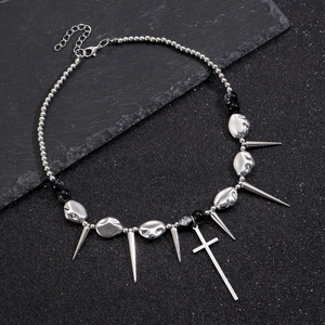 Gothic punk cross pendant necklace with silver beads and metallic irregular mask charms