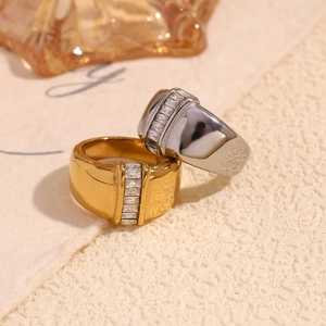 Minimalist wide band stainless steel ring with zircon row in gold and silver plating