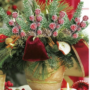 Close-up of Christmas pine bonsai with red berries, pinecones and warm fairy lights