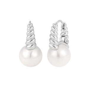 French vintage style twisted silver earrings with white pearl pendants on white background