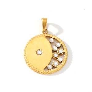 Detailed view of a gold crescent pendant with large crystal and micro-pave detailing