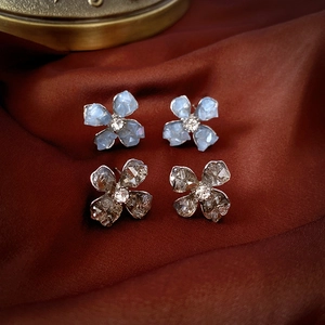 Elegant floral crystal stud earrings with rhinestones on silk, vintage style jewelry