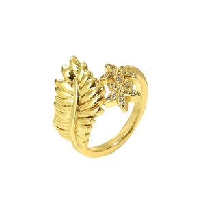 18K gold plated copper ring featuring leaf design and micro-set zircon accents