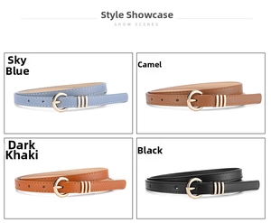 Slim leather waist belts for women in sky blue, camel, khaki, and black colors