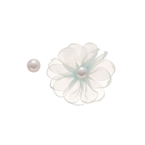 Asymmetric mint green chiffon flower and pearl stud earrings with silver needle post