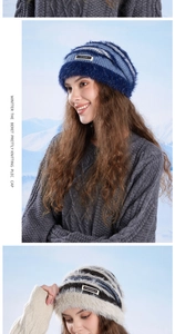 Detail of warm winter knitted beanie featuring soft plush texture and JOYLORD brand label