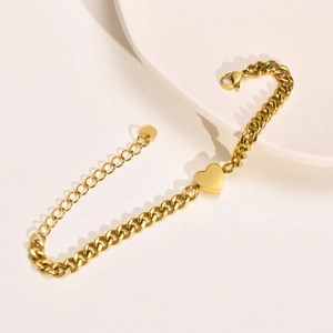 Golden stainless steel heart pendant bracelet with a thick chain and lobster clasp