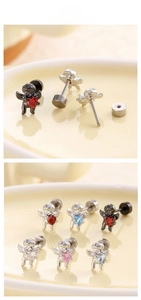 Macro detail of Cupid angel earrings with colorful heart stones and screw flat backs
