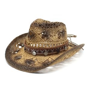 Hollow Out Cowboy Straw Hat With Ombre Gradient Design And Metallic Coin Charm Decorative Band For Summer Beach Vacation