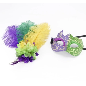 Detailed view of Mardi Gras mask with vibrant purple, green and yellow feathers on white background