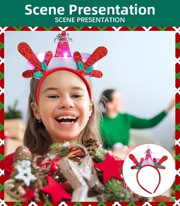 Detail showing glowing Christmas reindeer antler headband with LED lights and holly leaves