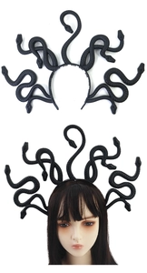 Detailed close-up of a black Medusa snake headband with realistic scale textures