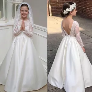Girls Flower Girl Dress Lace Long Sleeve Satin Princess Gown For Wedding First Communion Formal Baptism Ivory White